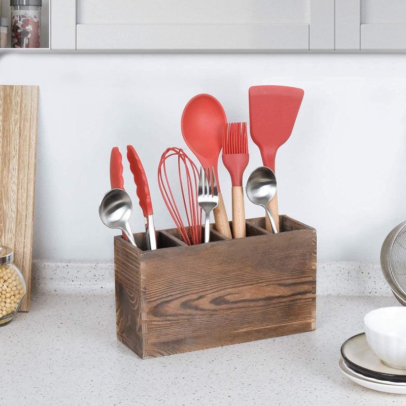 WuGeShop 4 Compartment Wooden Utensil Holder Organizer for Kitchen Countertop Organizer and Cooking Tools Storage - Image 4